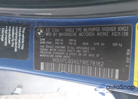 2007 BMW X3 3.0Si z USA, uszkodzony, nr VIN WBXPC93457WE78162